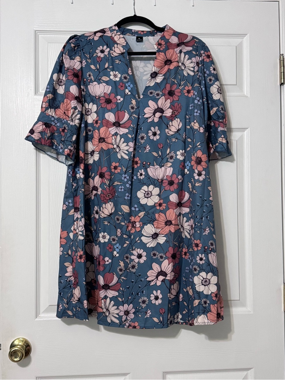 Floral V-Neck A-Line Dress in Dusty Blue and Pink